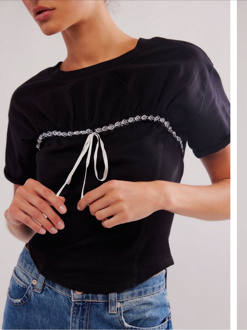 Free People Take A Bow Ribbon Ties Black T-Shirt Size XS